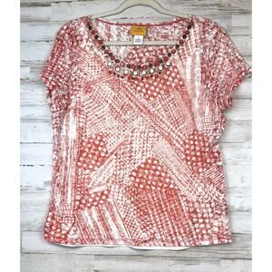 Ruby Rd Tank Lined Pullover Top Size L Orange and White Graphic Beaded Neckline